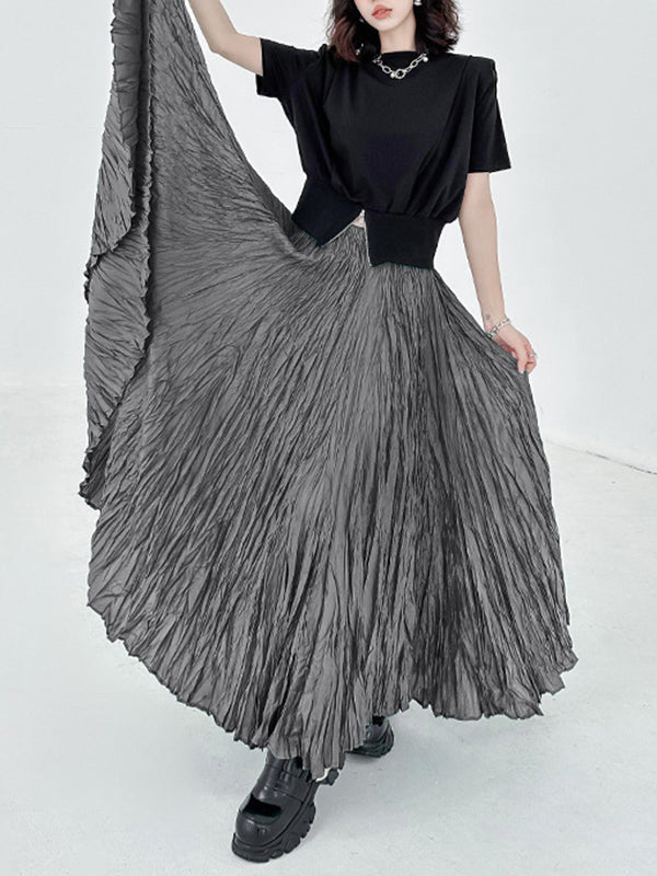 High-Waisted Pleated Solid Color A-Line Irregular Clipping Skirts