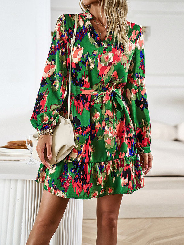 Printed Split-Joint Tied Waist Long Sleeves Loose V-Neck Mini Dresses