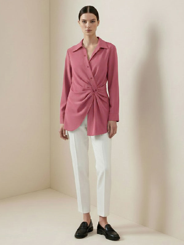 Long Sleeves Wrap Asymmetric Knot Pleated Lapel Blouses&Shirts Tops