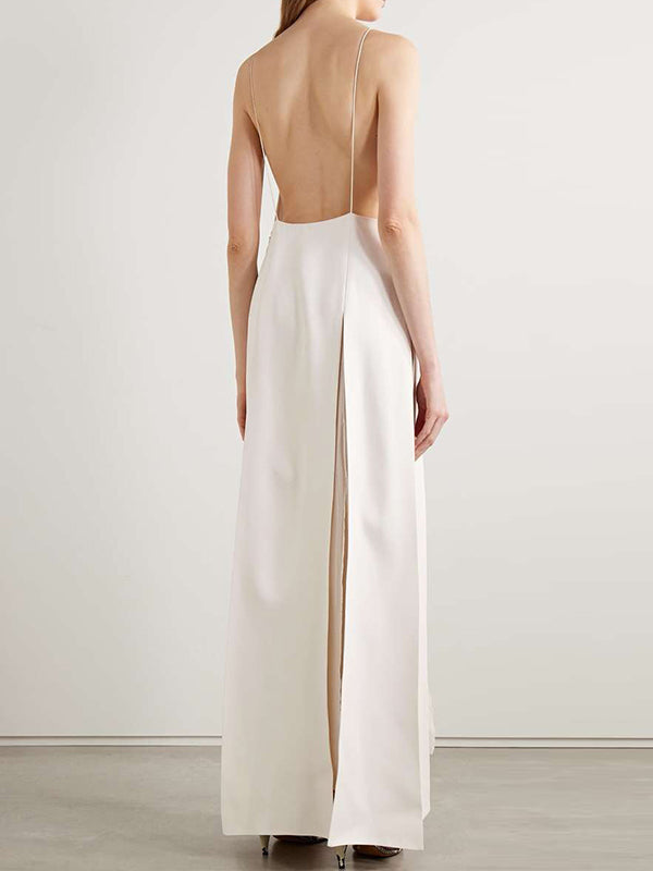 See-Through Solid Color Split-Back Split-Front Split-Joint Loose Sleeveless Spaghetti-Neck Maxi Dresses