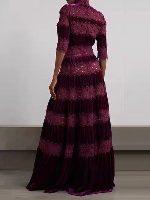Embroidered Hollow Solid Color Split-Joint Half Sleeves High Waisted High Neck Maxi Dresses