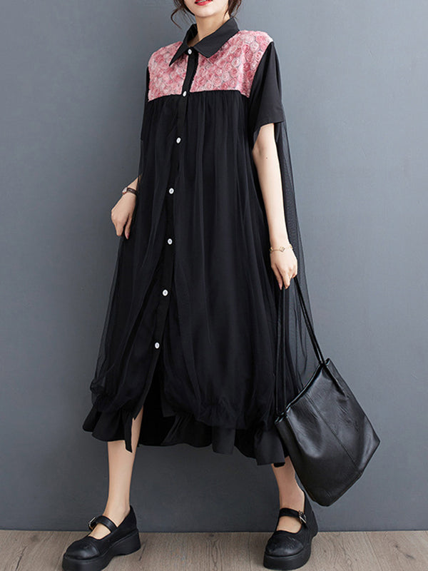 Falbala Printed Split-Joint Loose Short Sleeves Lapel Midi Dresses