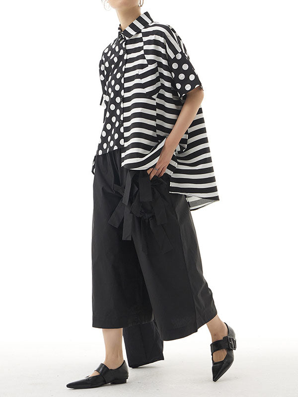 Polka-Dot Split-Joint Striped Irregular clipping Loose Lapel Shirts Tops
