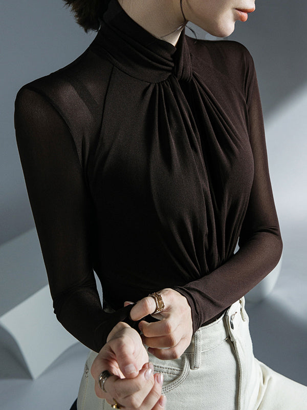 Hollow Pleated Solid Color Long Sleeves Plus Size Mock Neck T-Shirts Tops