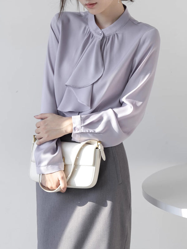 Buttoned Pleated Ribbon Solid Color Long Sleeves Loose Mock Neck Blouses&Shirts Tops