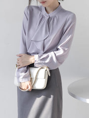 Buttoned Pleated Ribbon Solid Color Long Sleeves Loose Mock Neck Blouses&Shirts Tops