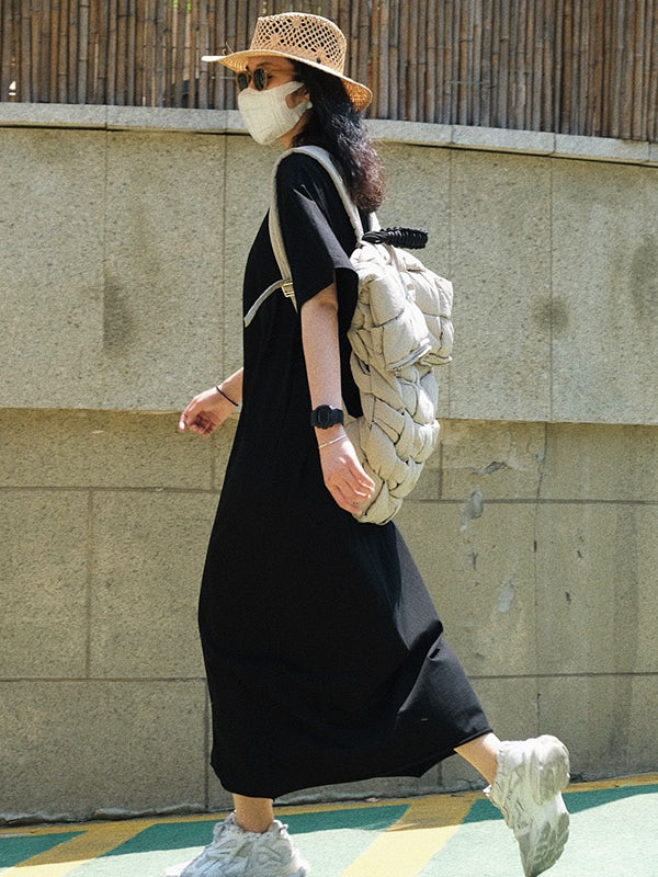 Casual Short Sleeves Solid Color Round-Neck Maxi Dress