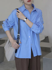 Buttoned Solid Color Long Sleeves Loose Lapel Blouses&Shirts Tops