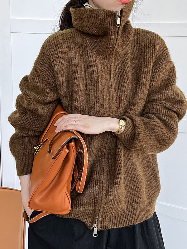 Solid Color Zipper Long Sleeves Loose Lapel Cardigan Tops
