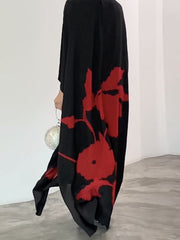Flower Print Split-Side Batwing Sleeves Long Sleeves Round-Neck Maxi Dresses