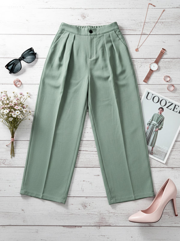 Buttoned Pleated Solid Color Loose Trousers Pants