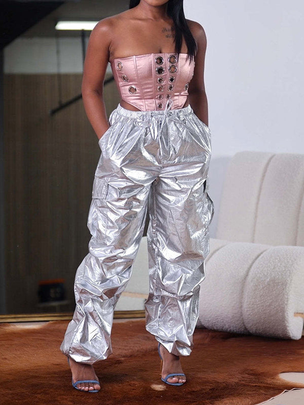 Drawstring Elasticity Pockets Split-Joint High Waisted Loose Trousers Pants