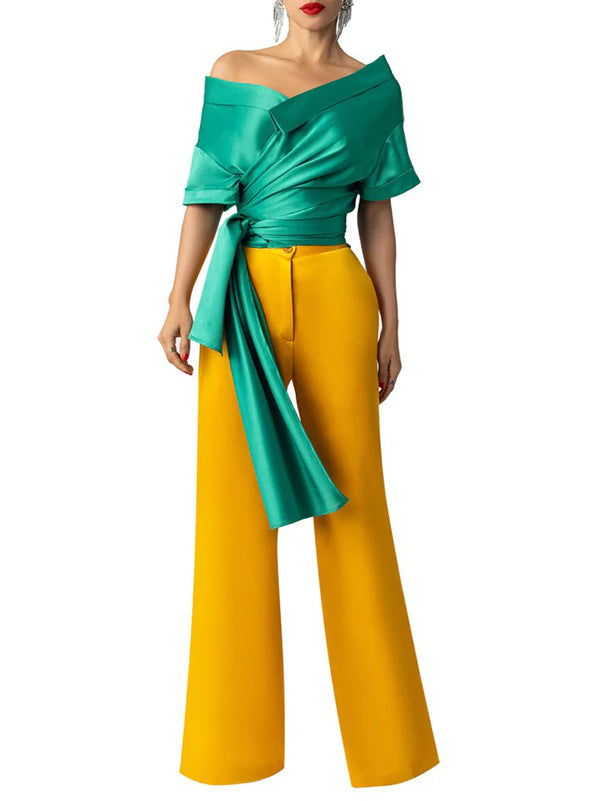 Ribbed Ruffled Solid Color Short Sleeves One-shoulder Blouses&shirts Tops