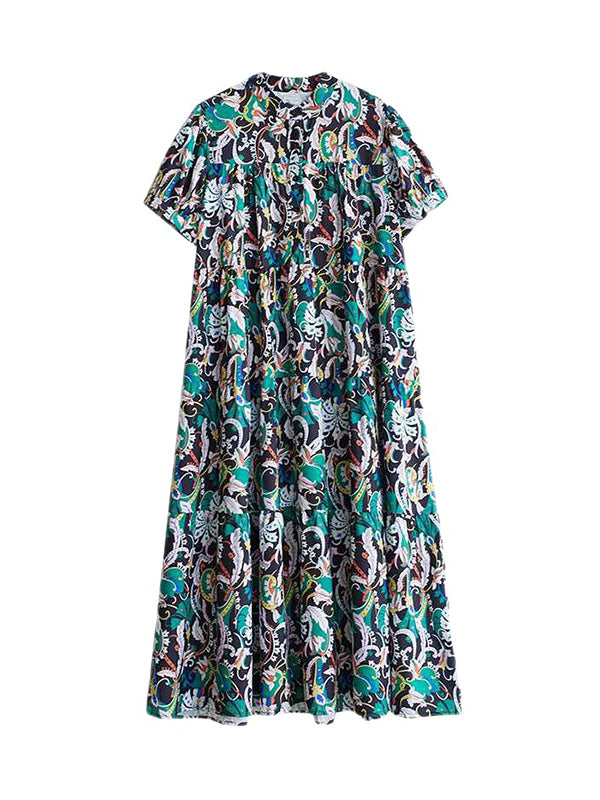 Printed Split-Joint A-Line Loose Stand Collar Midi Dresses
