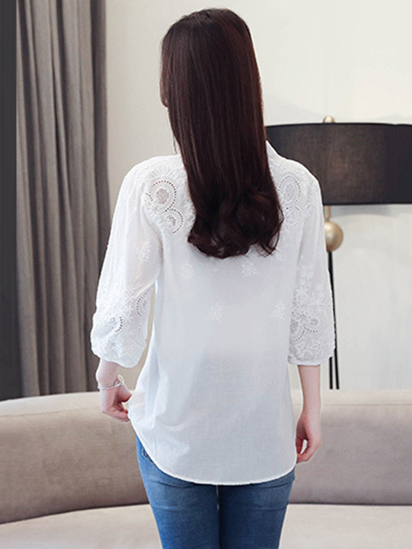 Vintage Half Sleeves Hollow Embroidered White Blouse
