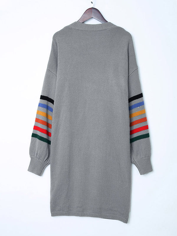Colorful Contrast Color Striped Long Sleeves Loose Collarless Cardigan Tops