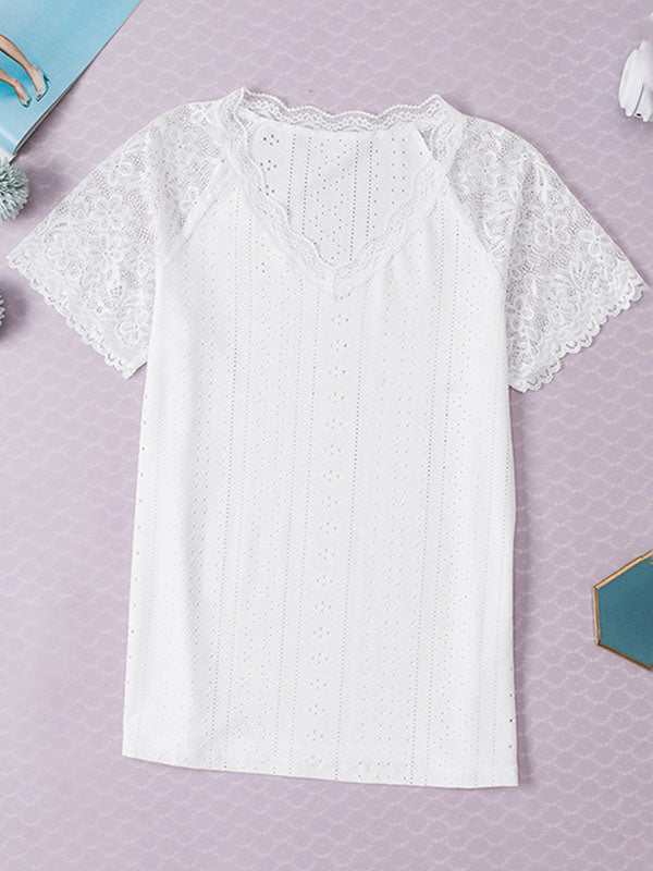 See-Through Solid Color Lace Split-Joint Short Sleeves V-Neck T-Shirts Tops