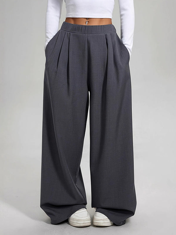 Pleated Pockets Solid Color High Waisted Loose Trousers Pants