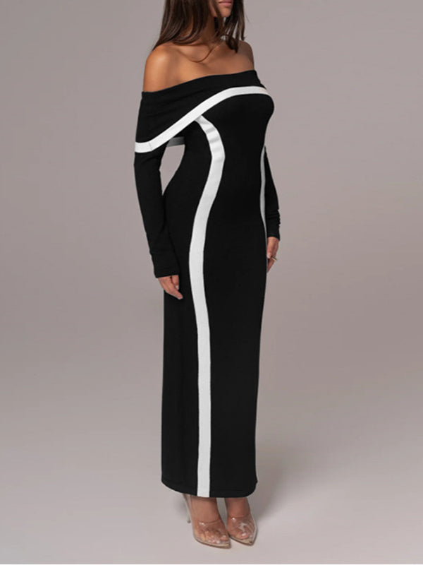 Contrast Color Split-Joint Bodycon Long Sleeves Off-The-Shoulder Maxi Dresses Evening Dresses