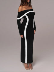 Contrast Color Split-Joint Bodycon Long Sleeves Off-The-Shoulder Maxi Dresses Evening Dresses