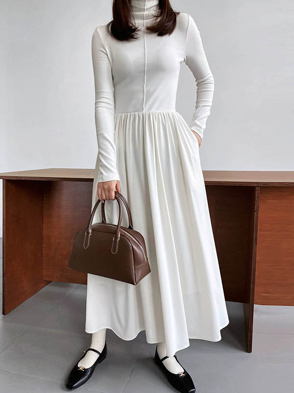 Pleated Solid Color Split-Joint A-Line Long Sleeves Midi Dresses