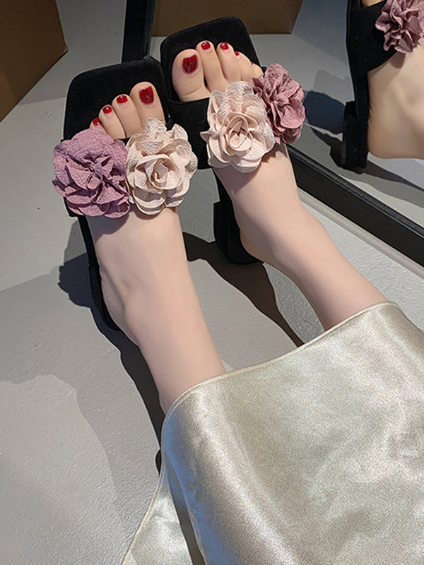 Flower Shape Open Toe Split-Joint Square-Toe Slippers&Mules