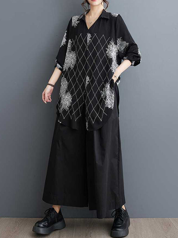 Buttoned Flower Print Pleated Split-front Long Sleeves Loose Lapel Blouses&shirts Tops