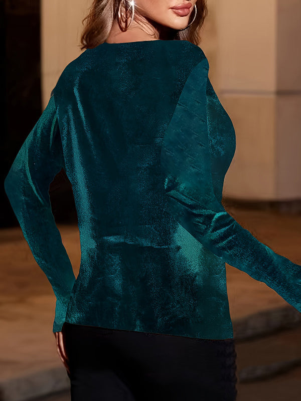 Solid Color Split-Joint Velvet Long Sleeves Loose Heaps Collar T-Shirts Tops