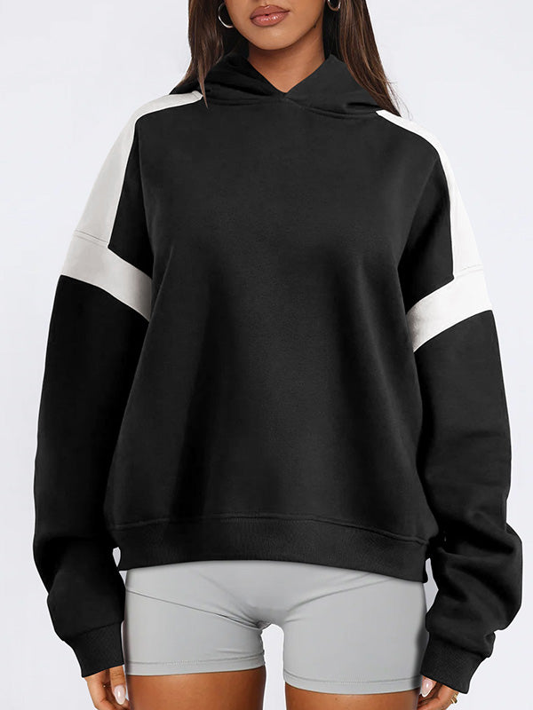 Contrast Color Pockets Split-Joint Hooded Long Sleeves Hoodies Tops