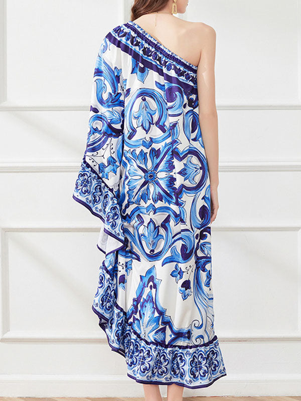 Asymmetric Falbala Floral Printed Batwing Sleeves Loose One-shoulder Midi Dresses