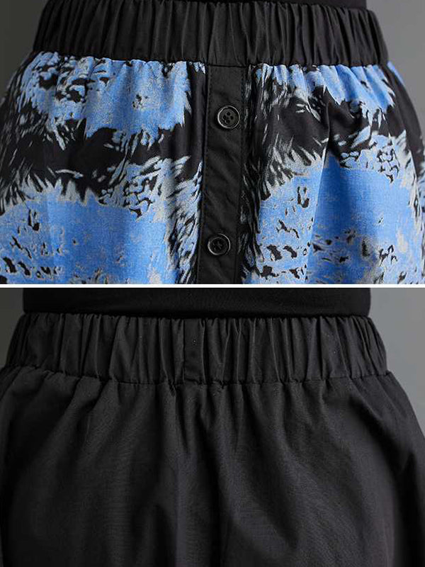 Contrast Color Elasticity Printed Split-Joint A-Line Loose Skirts