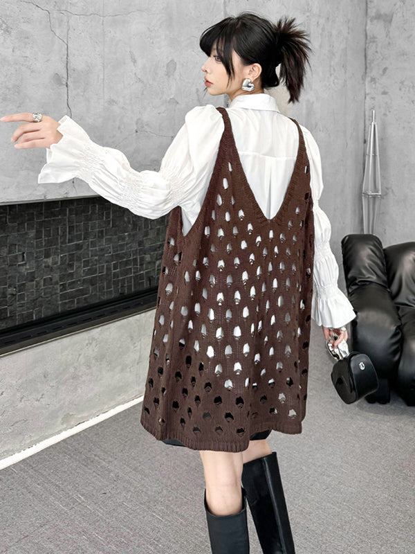 Hollow Solid Color Loose Sleeveless V-Neck Vest Top