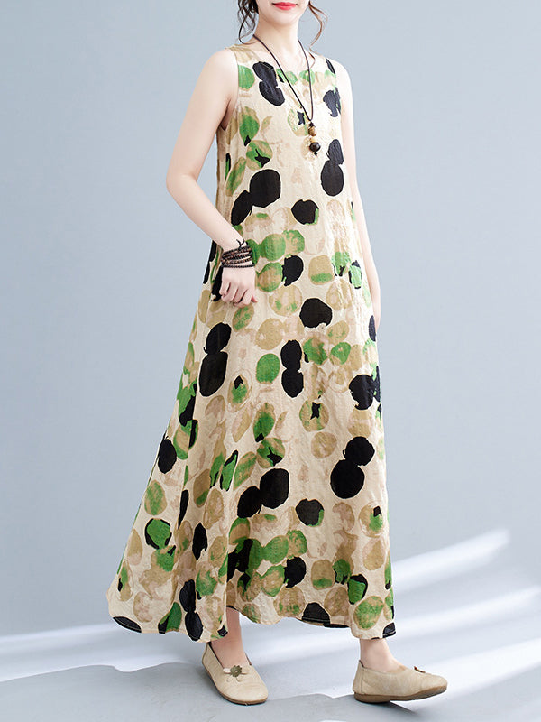 Printed Split-Joint Loose Sleeveless Round-neck Maxi Dresses