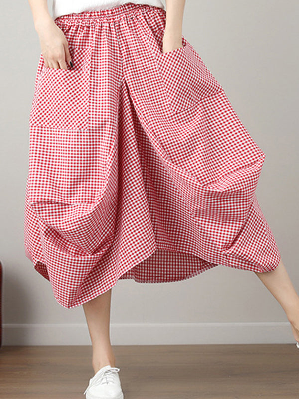 Elasticity Plaid Pleated Pockets High Waisted Irregularity Skirts