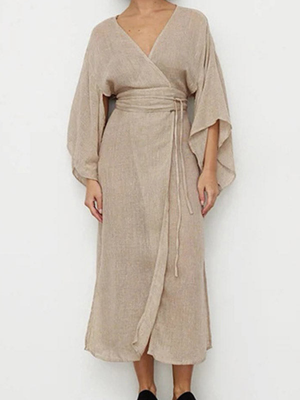 See-Through Solid Color Split-Side Tied Waist Loose Three-Quarter Sleeves V-Neck Midi Dresses