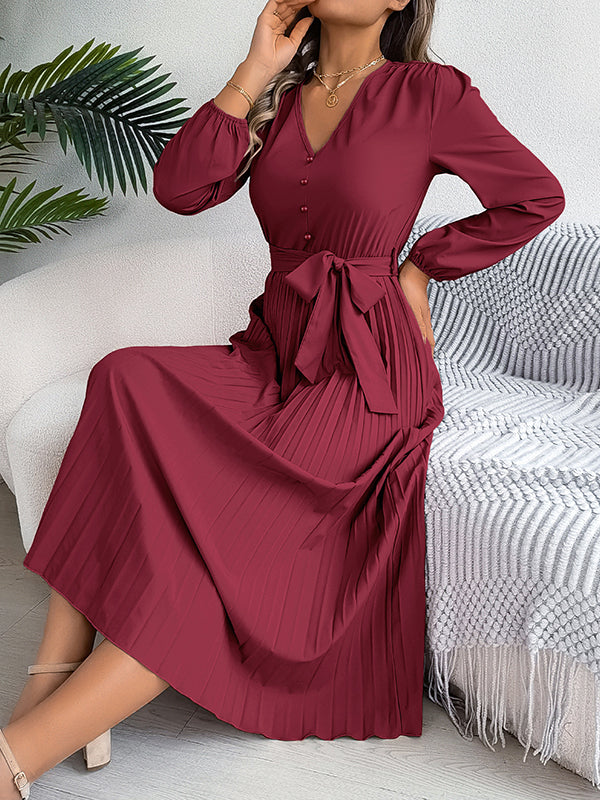 Belted Buttoned Pleated Solid Color High Waisted Long Sleeves V-Neck Maxi Dresses
