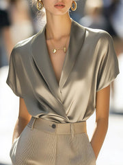 Solid Color Loose Short Sleeves V-Neck Blouses&Shirts Tops