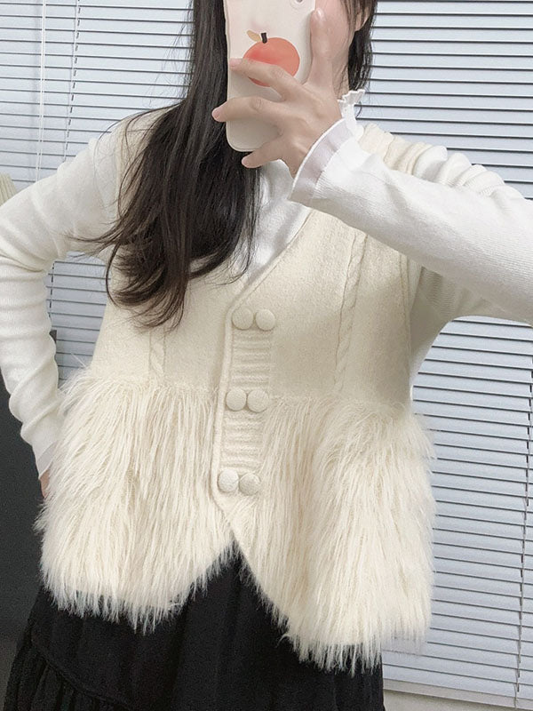 Buttoned Solid Color Split-Joint Loose Sleeveless V-Neck Vest Outerwear