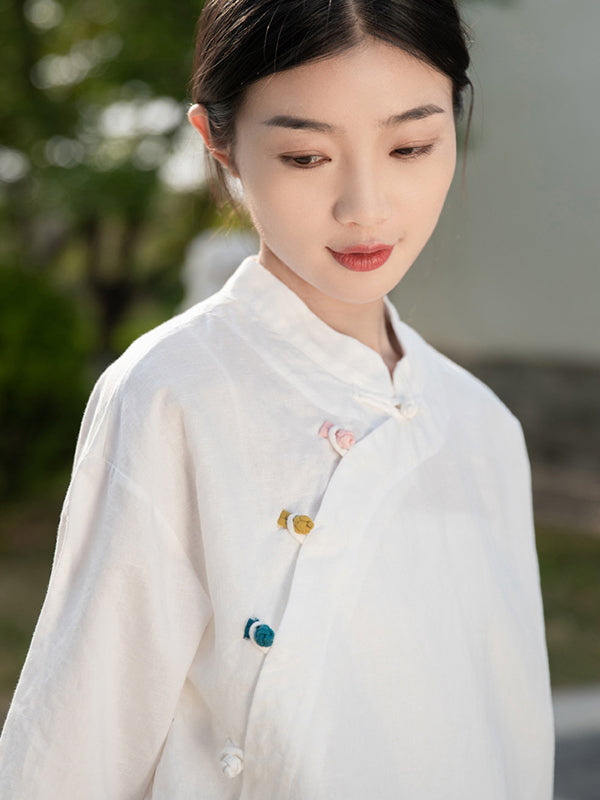 Artistic Retro Loose Half Sleeves Buttoned Contrast Color Stand Collar Blouses&Shirts Tops