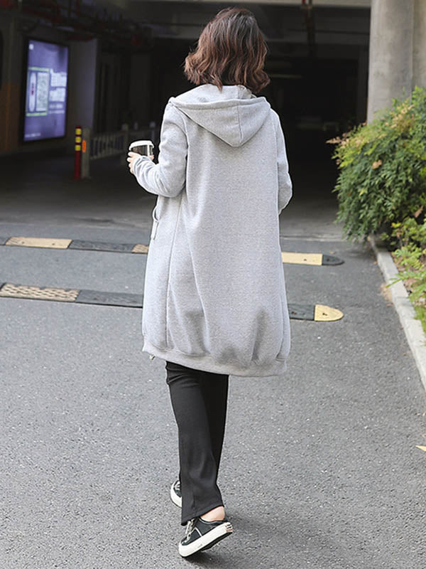 4Colors Drawstring Hooded Split-Joint Pocket Solid Color Zipper Outerwear