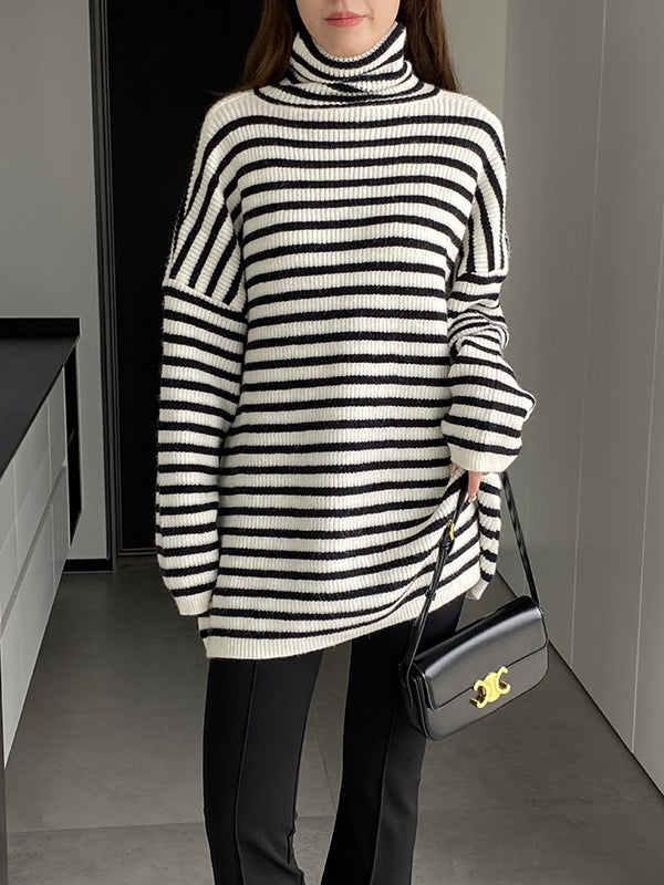 Striped Long Sleeves Loose High-Neck Sweater Pullovers Knitwear