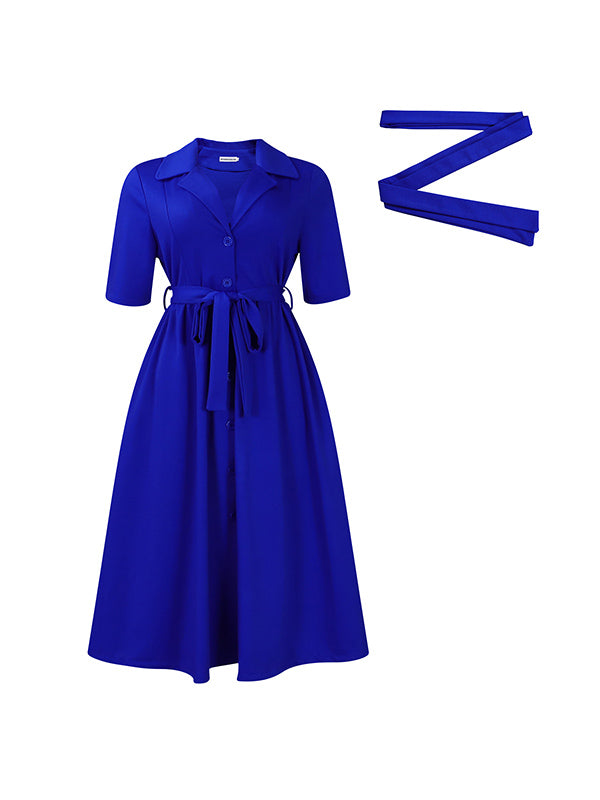 Pleated Pockets Solid Color Tied Waist A-Line Loose Notched Collar Midi Dresses