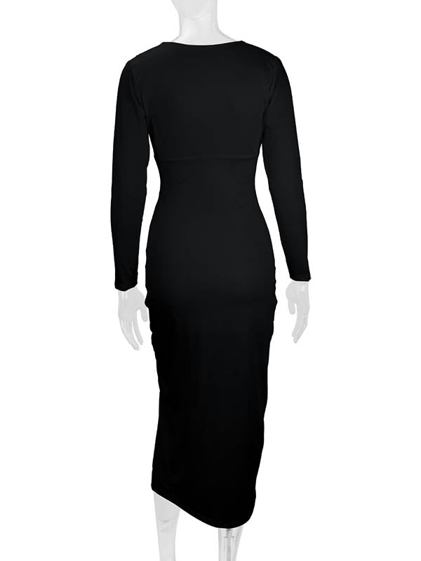 Pleated Solid Color Split-Joint Split-Side Bodycon Elasticated Waist Deep V-Neck Midi Dresses