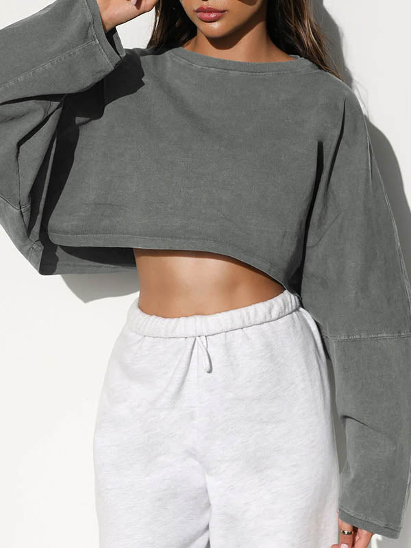 Solid Color Split-Joint Long Sleeves Loose Round-Neck Sweatshirt Tops