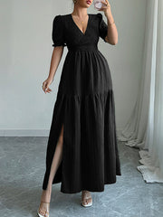 Pleated Solid Color Split-Front Half Sleeves High Waisted V-Neck Maxi Dresses