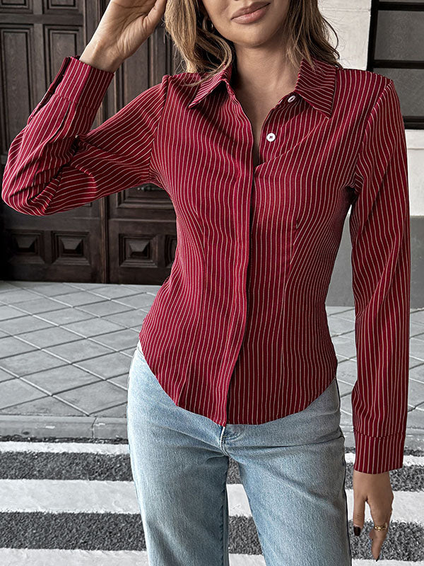 Buttoned Contrast Color Striped Long Sleeves Skinny Lapel Blouses&Shirts Tops