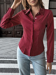 Buttoned Contrast Color Striped Long Sleeves Skinny Lapel Blouses&Shirts Tops