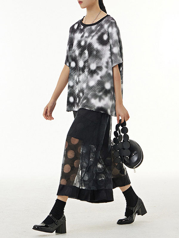 Gauze Polka-Dot See-Through Cropped False Two Casual Pants Bottoms