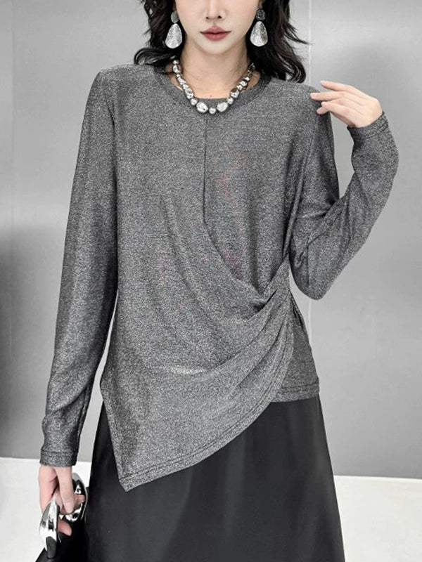 Asymmetric Solid Color Hipster Long Sleeves Round-Neck T-Shirts Tops