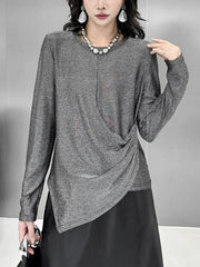 Asymmetric Solid Color Hipster Long Sleeves Round-Neck T-Shirts Tops